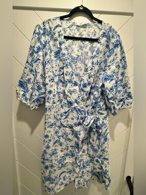 Mango Blue and White Floral Wrap Dress